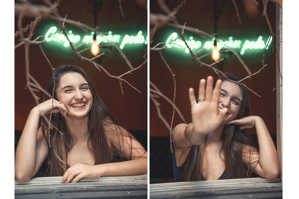 Duas fotos lado a lado da modelo posando em uma janela brincando com flores durante seu ensaio fotográfico de casamento e 15 anos em Cúrcuma  cafeteria e confeitaria. em Cúrcuma    cafeteria e confeitaria. Foto por Marco Moscarelli Fotógrafo Pelotas