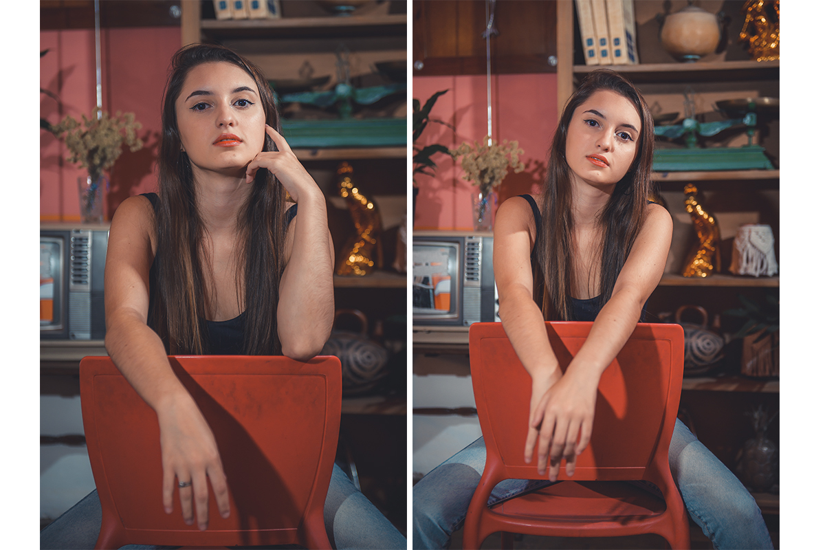 Duas fotos lado a lado da modelo posando em uma cadeira vermelha durante seu ensaio fotográfico de casamento e 15 anos em Cúrcuma  cafeteria e confeitaria. em Cúrcuma    cafeteria e confeitaria. Foto por Marco Moscarelli Fotógrafo Pelotas