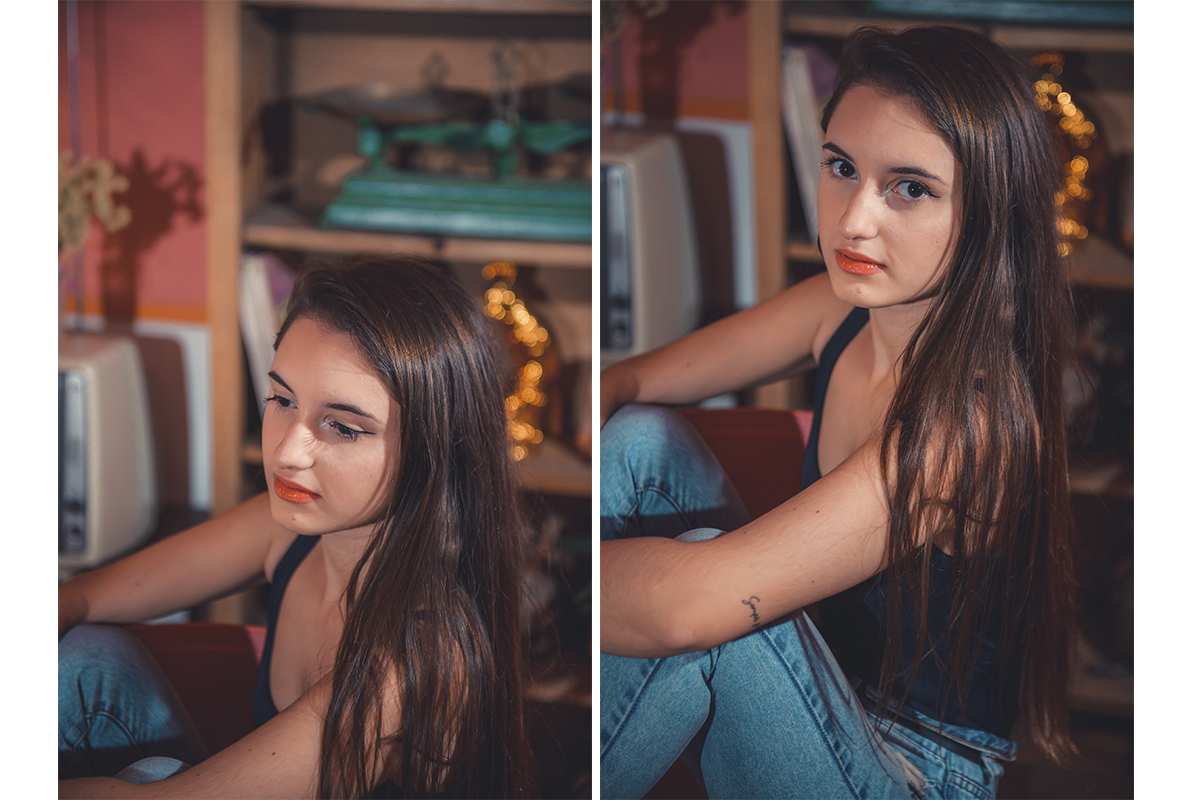 Duas fotos lado a lado da modelo posando em uma cadeira vermelha durante seu ensaio fotográfico de em Cúrcuma    cafeteria e confeitaria. Foto por Marco Moscarelli Fotógrafo Pelotas