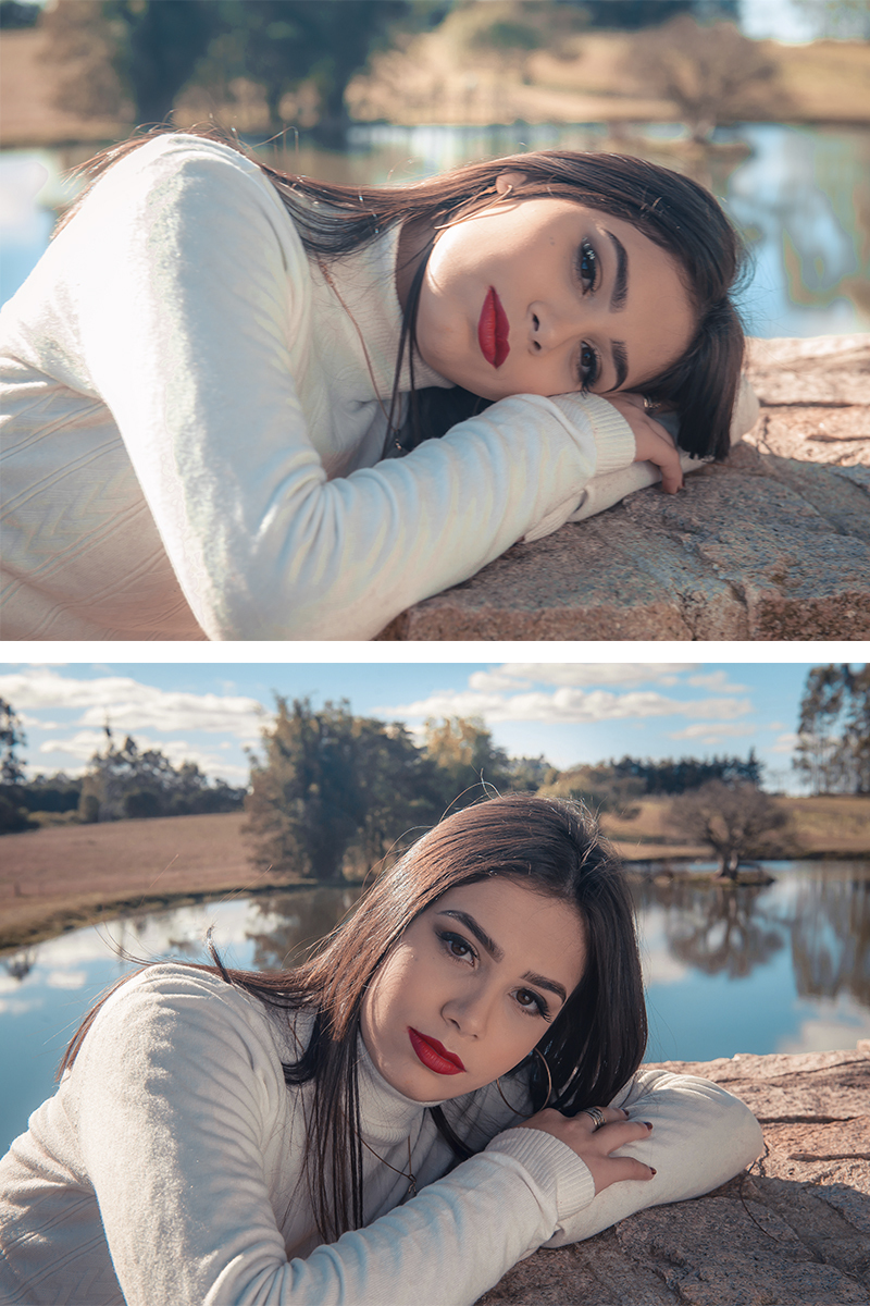 Duas lindas fotos em grade da debutante posando debruçada sobre uma pedra com o lago azul ao fundo e um belo por do sol, durante seu ensaio de 15 anos para seu aniversário de 15 anos. Foto por Marco Moscarelli Fotógrafo Pelotas.  