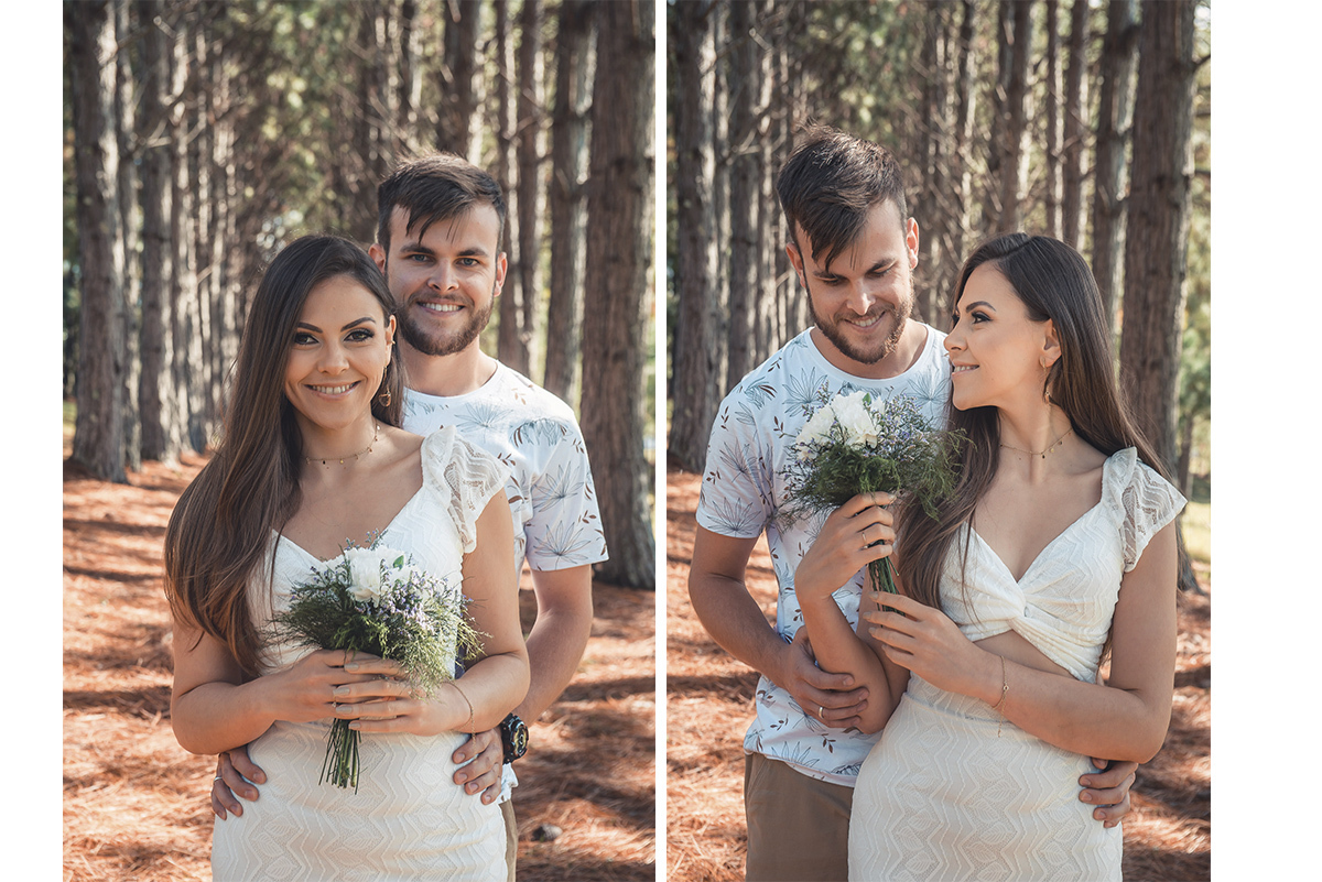 Duas fotografias dos noivos em pose romântica durante seu ensaio pré wedding no seu pré casamento na chácara Fiss. Foto por Marco Moscarelli Fotógrafo Pelotas.