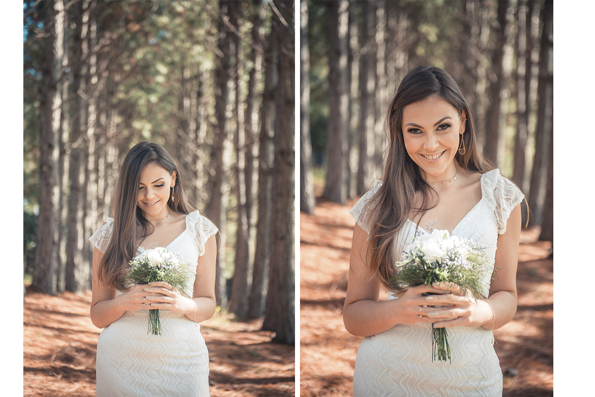 Dois retratos da noiva segurando seu buquê de noiva durante seu ensaio pré wedding no seu pré casamento na chácara Fiss. Foto por Marco Moscarelli Fotógrafo Pelotas.