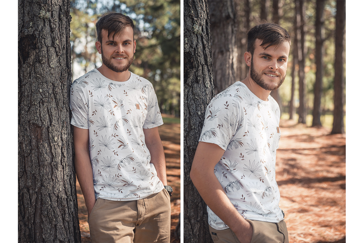 Dois retratos do noivo encostado em uma árvore durante seu ensaio pré wedding no seu pré casamento na chácara Fiss. Foto por Marco Moscarelli Fotógrafo Pelotas.