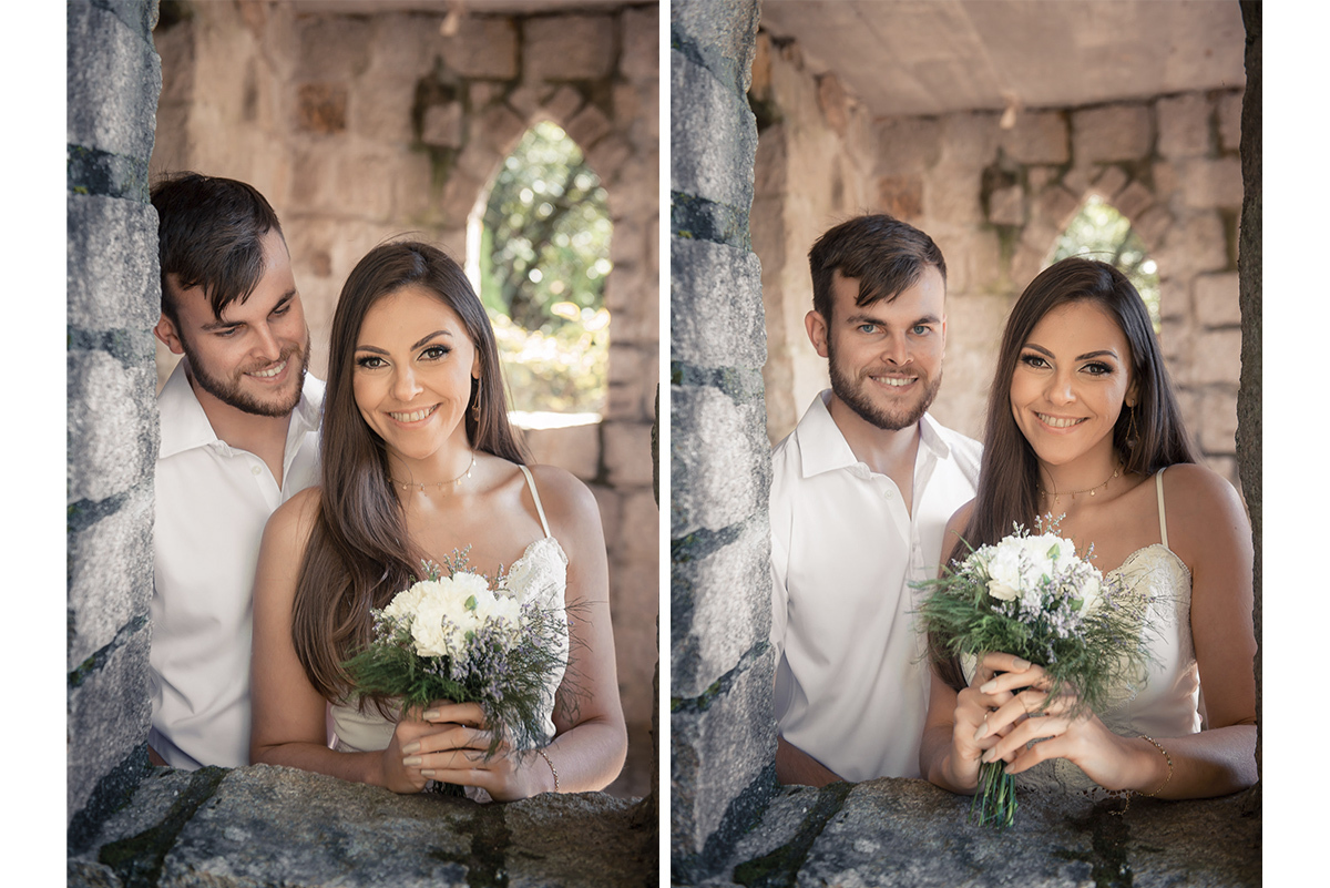 Dois retratos dos noivos, posando sorrindo e com o buquê de noiva  em uma janela de castelo durante seu ensaio pré wedding no seu pré casamento na chácara Fiss. Foto por Marco Moscarelli Fotógrafo Pelotas. 