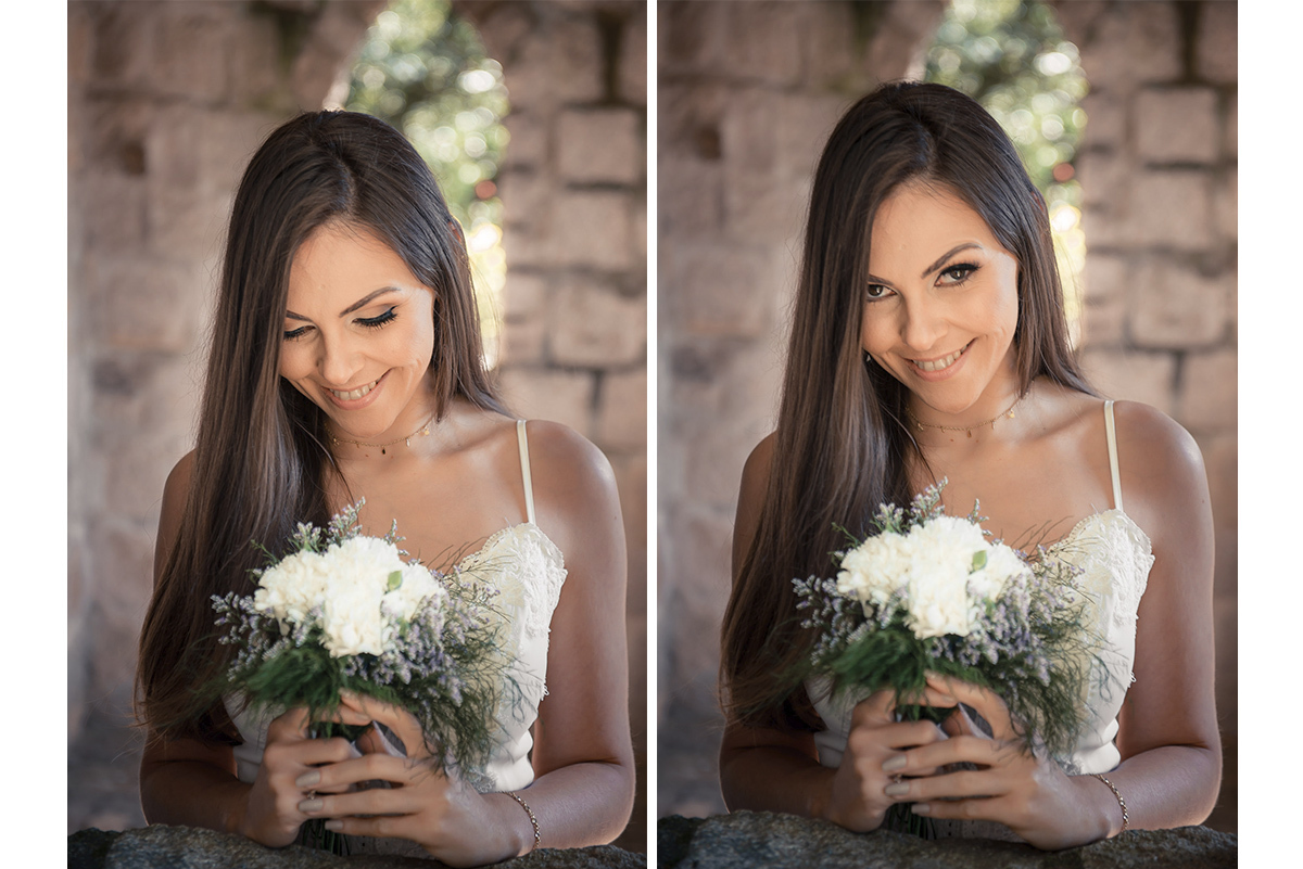Dois retratos da noiva admirando seu buquê de noiva em uma janela de castelo durante seu ensaio pré wedding no seu pré casamento na chácara Fiss. Foto por Marco Moscarelli Fotógrafo Pelotas.