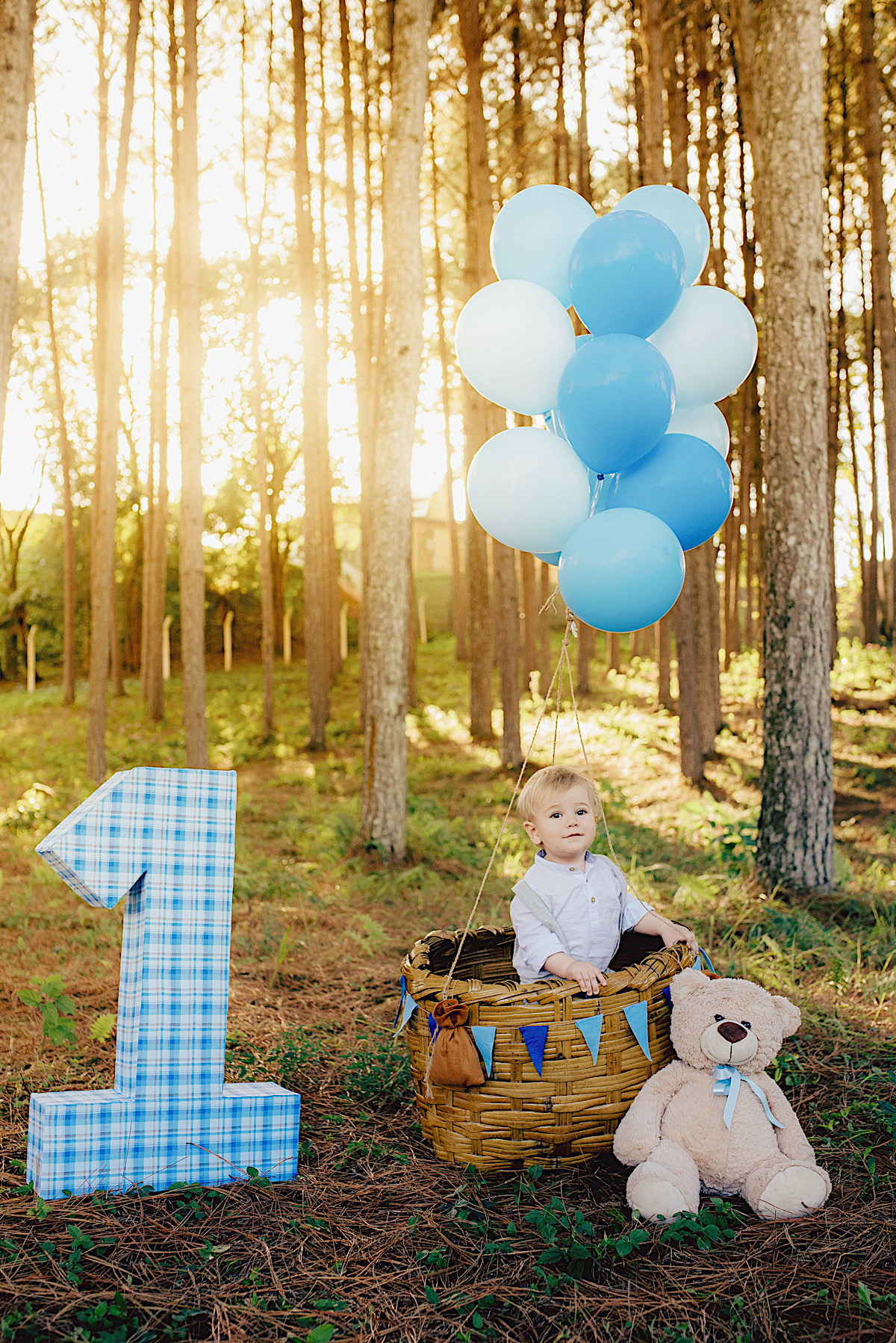 ensaio infantil - 1 ano - rafael - sao bento do sul - chroma fotografia - pre-aniversario - criança - urso - baloes - viajante - por do sol