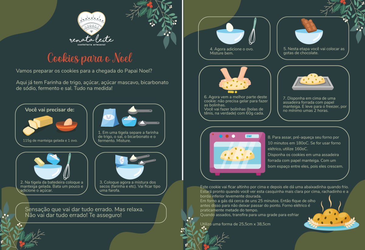 Folheto passo a passo de preparo que acompanha as embalagens dos cookies de natal.