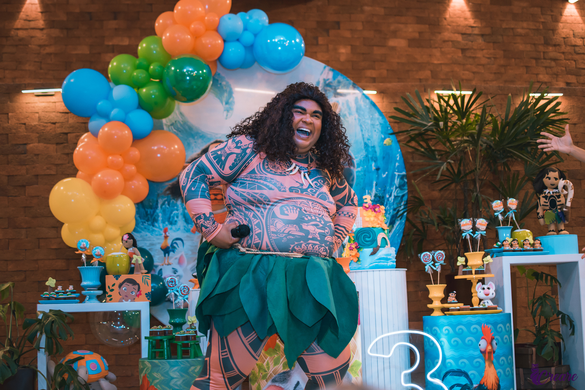 Aniversário infantil, com tema moana, realizado no buffet vila kids galpão, localizado na cidade de Santo André, ABC Paulista.