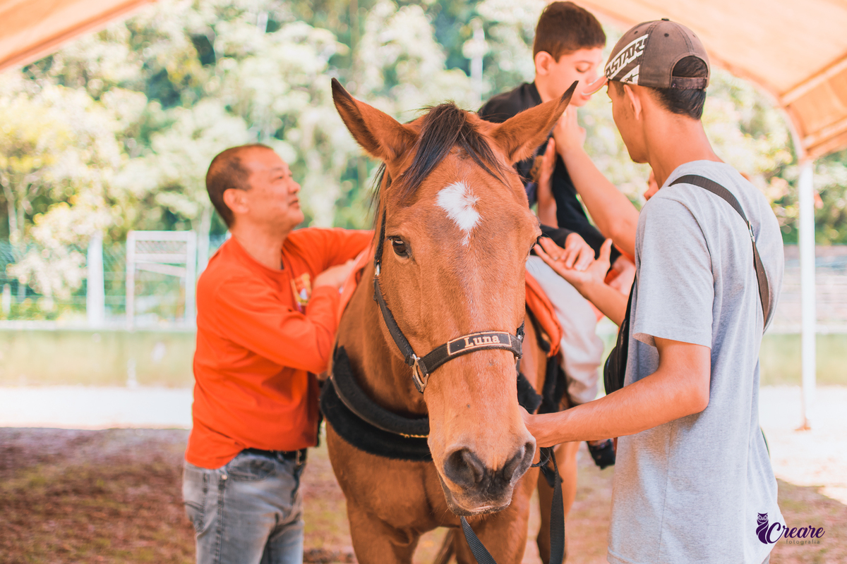 Ensaio na equoterapia Voo de Liberdade, ensaio com cavalos realizado durante uma sessão de equoterapia, para o projeto Populus Lucis. Ensaio PCD.