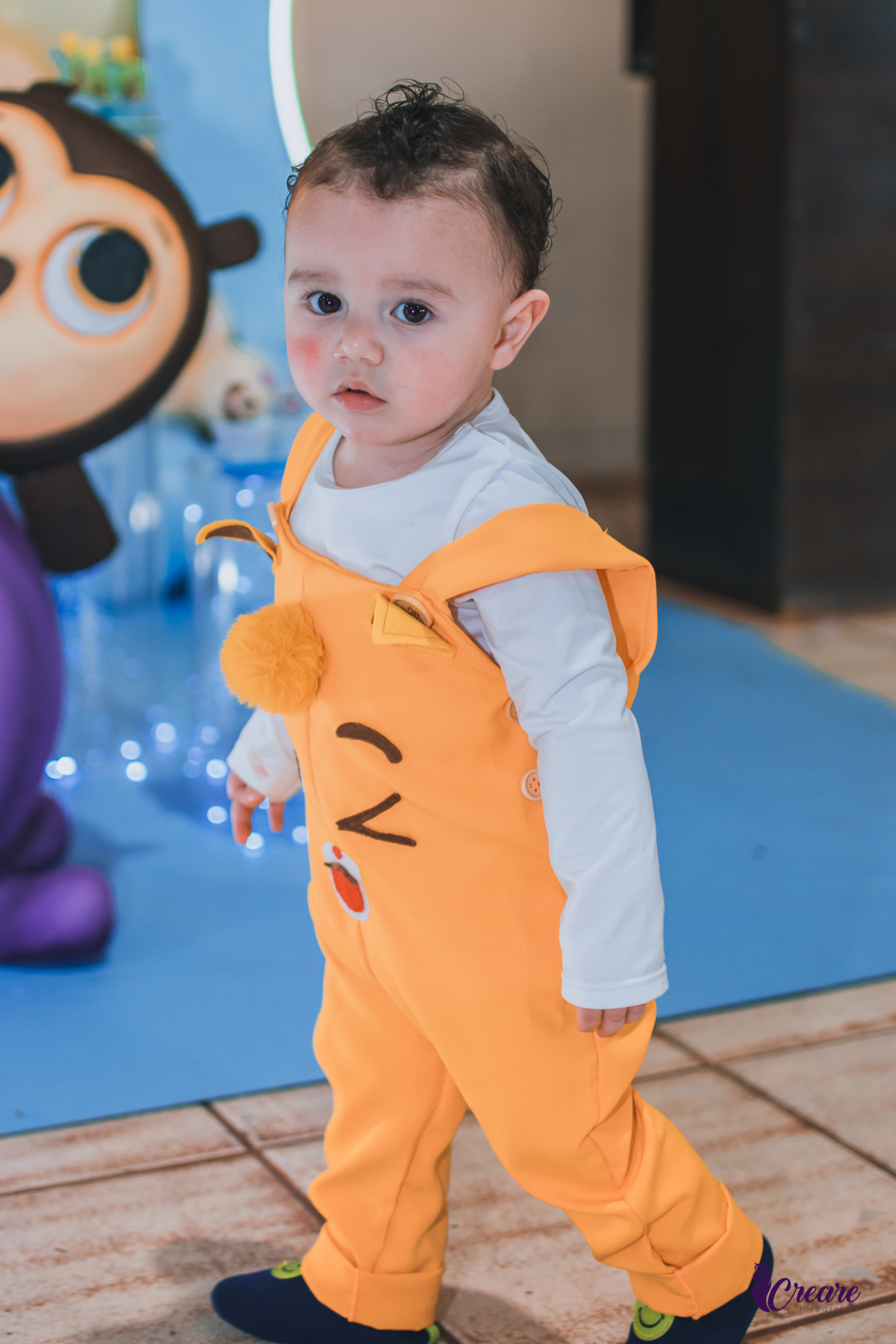 fotografia de festa infanti, aniversário de 1 ano no buffet Giraffas park em Mauá. Fotógrafo Mauá. Buffet infantil. Decoração tema Bolofofos. Festa de um aninho.