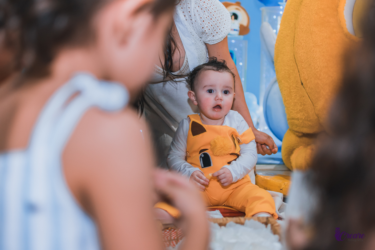 fotografia de festa infanti, aniversário de 1 ano no buffet Giraffas park em Mauá. Fotógrafo Mauá. Buffet infantil. Decoração tema Bolofofos. Festa de um aninho.