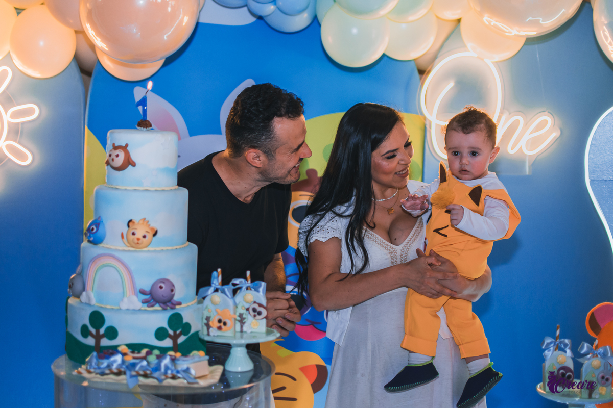 fotografia de festa infanti, aniversário de 1 ano no buffet Giraffas park em Mauá. Fotógrafo Mauá. Buffet infantil. Decoração tema Bolofofos. Festa de um aninho.