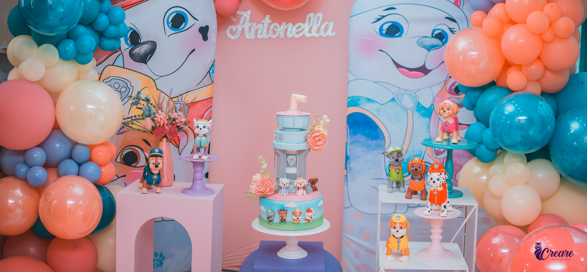 fotógrafia de aniversário infantil em casa, fotógrafo em Mauá, festa infantil de menina. Aniversário de 3 anos, decoração Patrulha canina. Festa de criança em casa.