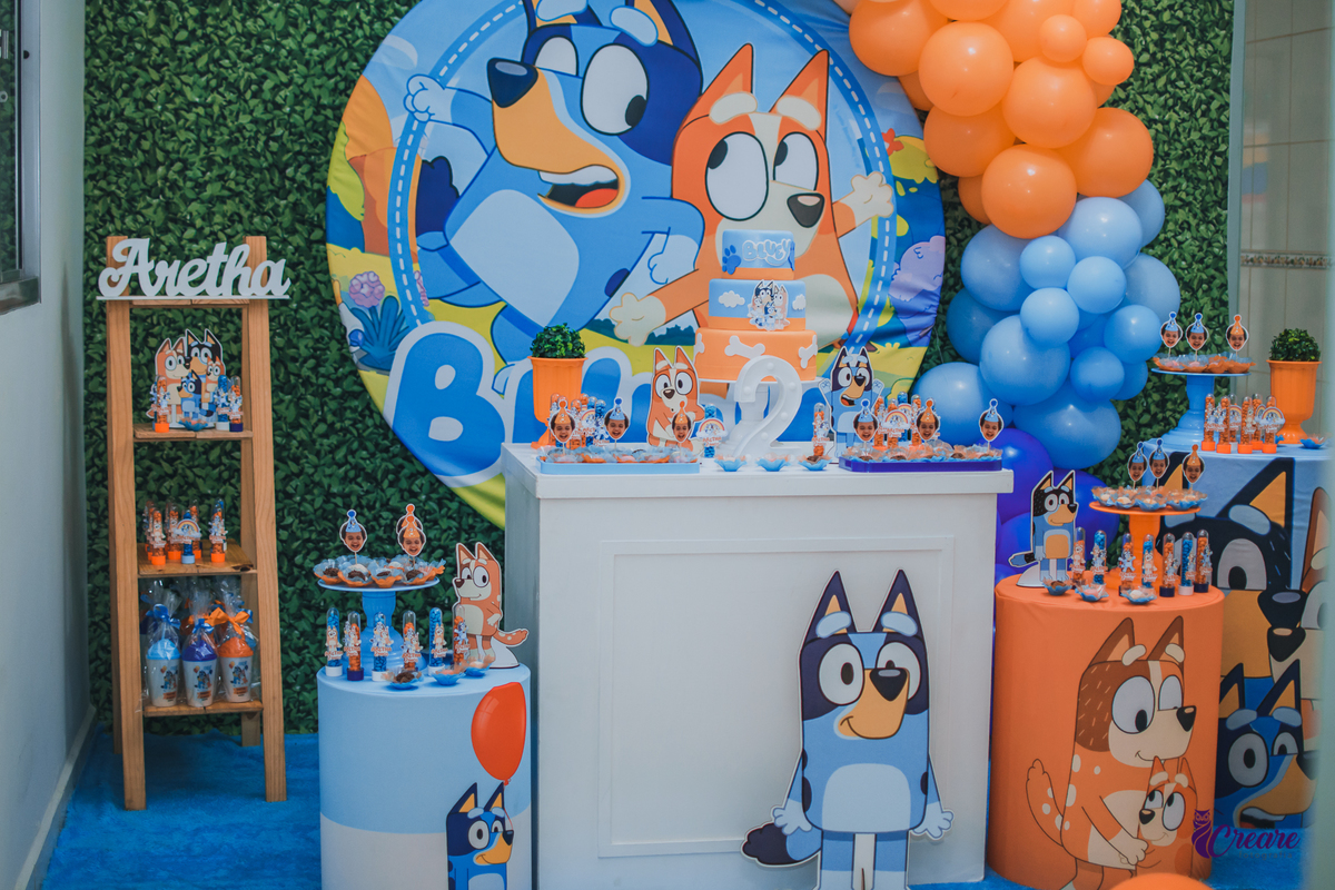 fotografia de aniversário infantil em casa, festa de menina de 2 anos. fotógrafo ABC Paulista. Tema de decoração Bluey.