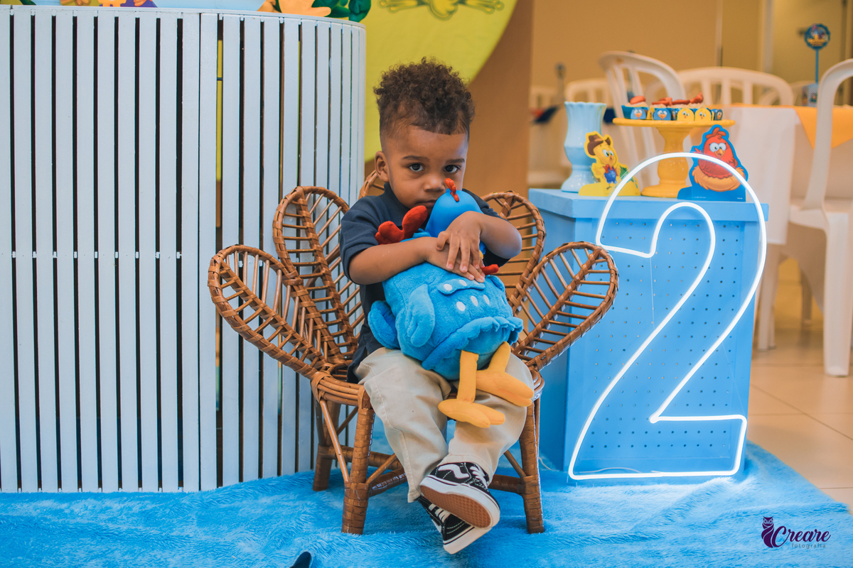 fotografia de aniversário infantil, festa de dois anos de menino. Decoração tema Galinha Pintadinha, festa em casa, fotógrafo em São Bernardo do Campo.