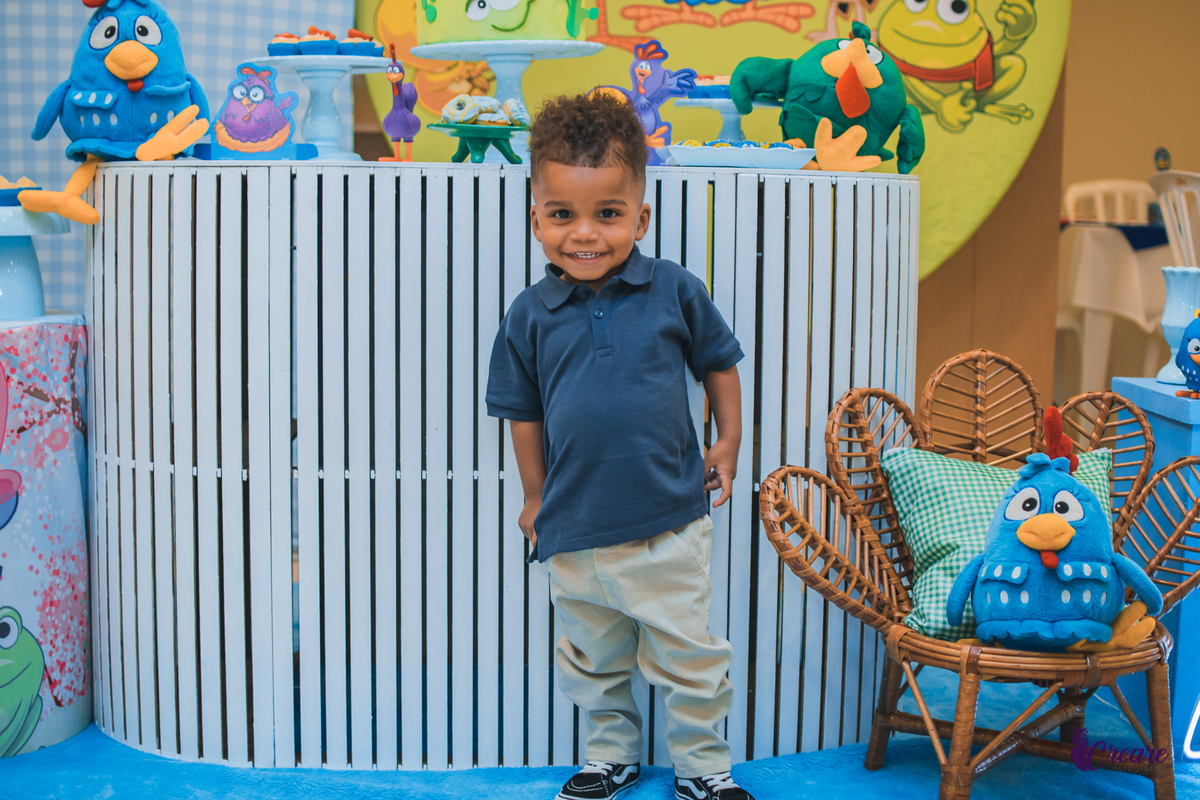 fotografia de aniversário infantil, festa de dois anos de menino. Decoração tema Galinha Pintadinha, festa em casa, fotógrafo em São Bernardo do Campo.