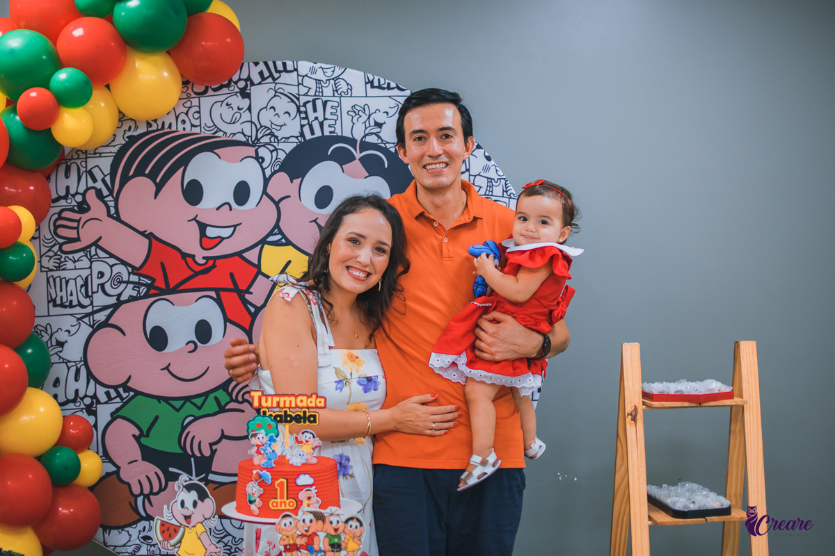 Aniversário de 1 ano, festa de um ano em casa, 1 aninho, fotografia de aniversário de 1 ano, fotógrafo em Santo André, aniversário do bebê em casa, decoração tema turma da Mônica.