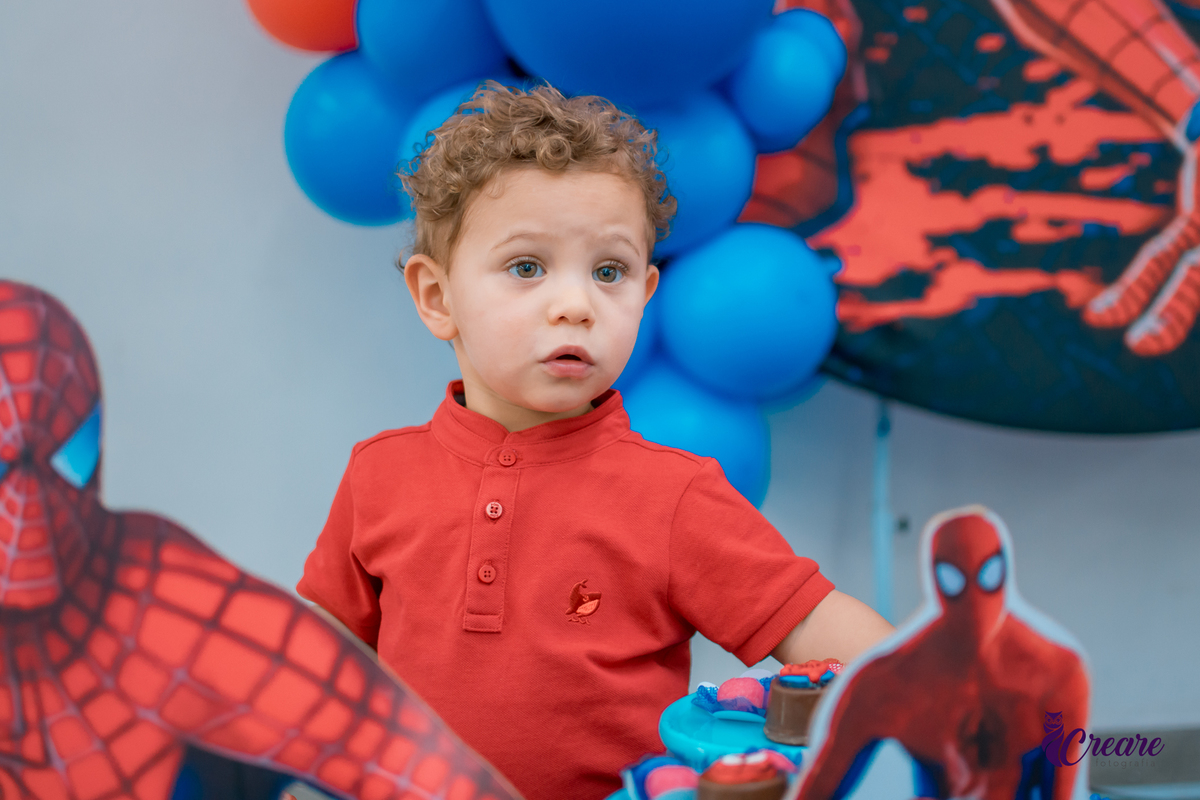 fotografia de aniversário de 2 anos com tema Homem Aranha, fotógrafo em Santo André. Festa em casa.