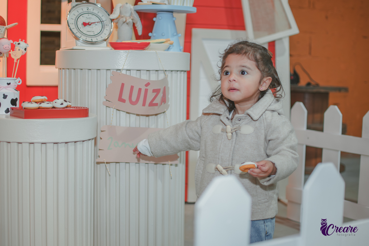 fotografia de aniversário de 2 anos de menina na Fazendinha Estação Natureza, no Ipiranga em São Paulo. Fotógrafo de aniversário infantil.  Decoração tema fazendinha.