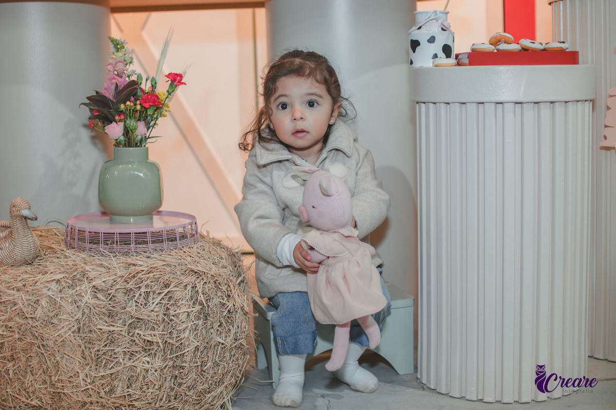 fotografia de aniversário de 2 anos de menina na Fazendinha Estação Natureza, no Ipiranga em São Paulo. Fotógrafo de aniversário infantil.  Decoração tema fazendinha.