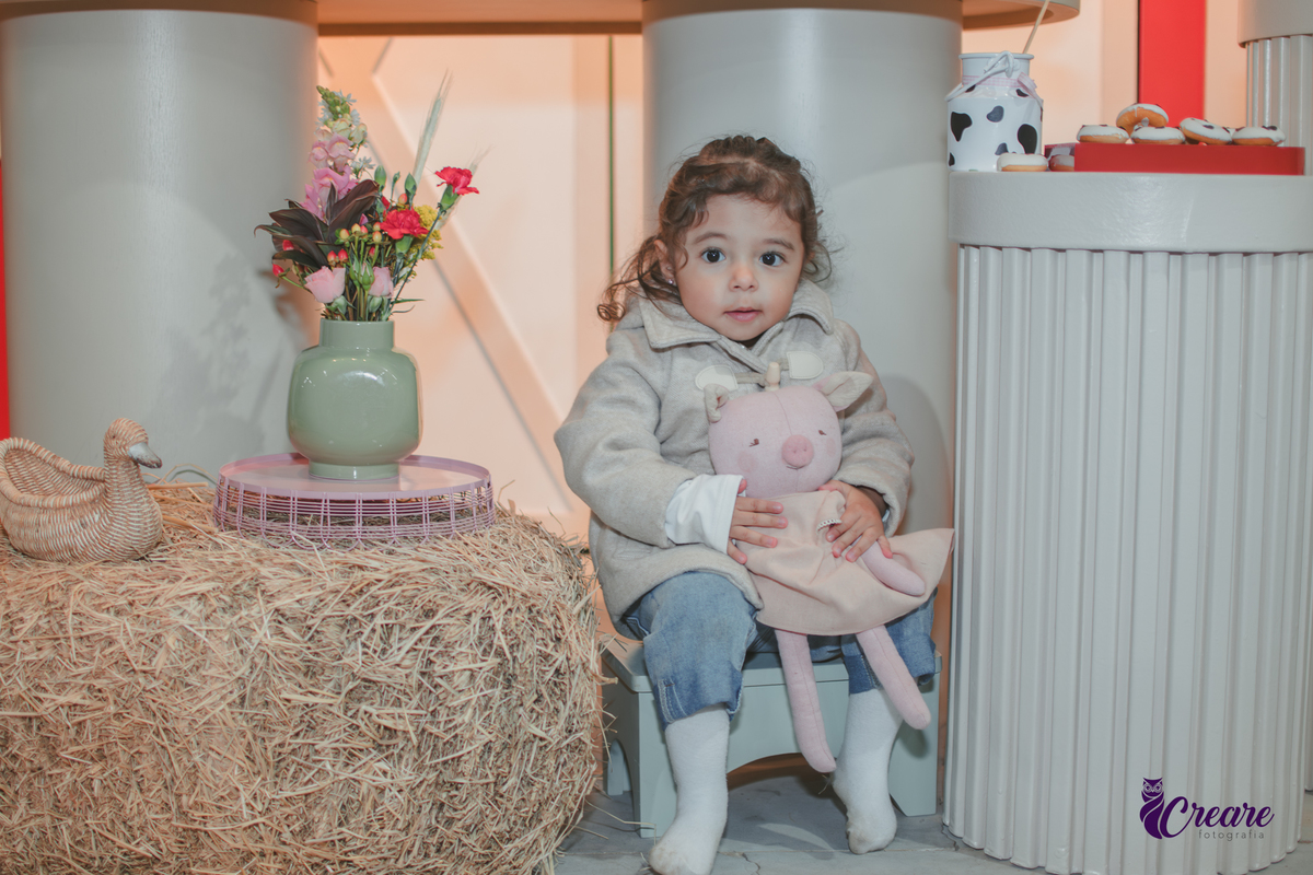 fotografia de aniversário de 2 anos de menina na Fazendinha Estação Natureza, no Ipiranga em São Paulo. Fotógrafo de aniversário infantil.  Decoração tema fazendinha.