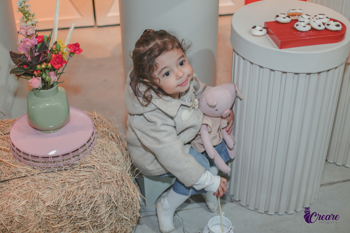 fotografia de aniversário de 2 anos de menina na Fazendinha Estação Natureza, no Ipiranga em São Paulo. Fotógrafo de aniversário infantil.  Decoração tema fazendinha.