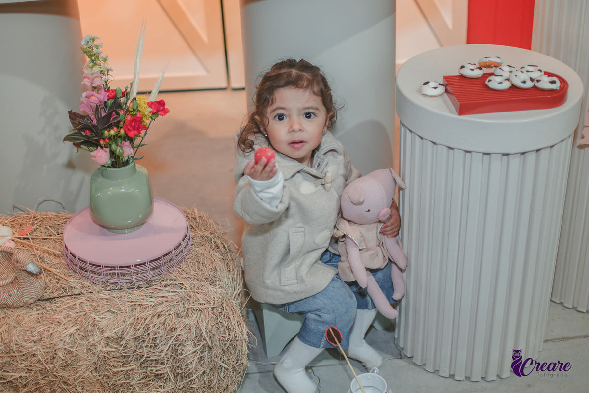 fotografia de aniversário de 2 anos de menina na Fazendinha Estação Natureza, no Ipiranga em São Paulo. Fotógrafo de aniversário infantil.  Decoração tema fazendinha.