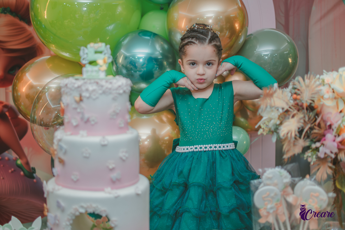 fotografia de aniversário de 5 anos de menina, no Buffet Terra do nunca em Santo André, fotógrafo em Santo André, decoração tema Tinker Bell.