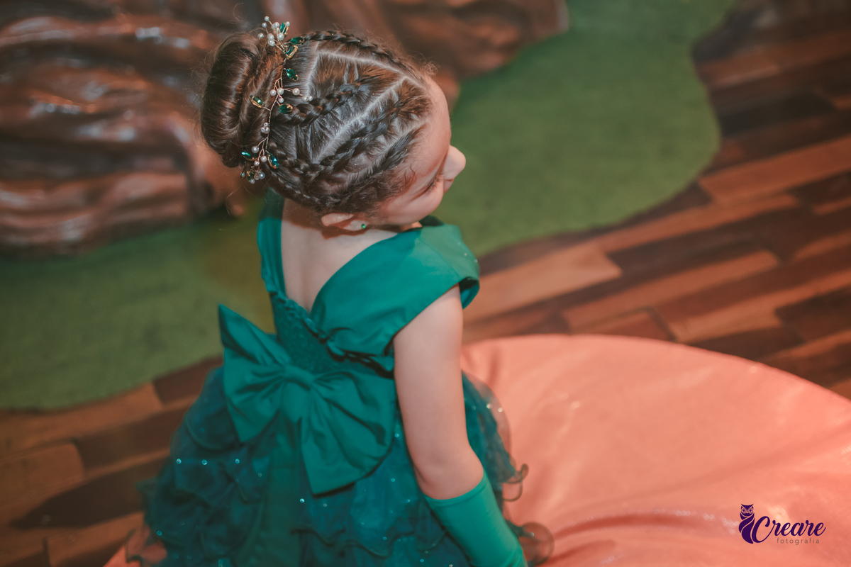 fotografia de aniversário de 5 anos de menina, no Buffet Terra do nunca em Santo André, fotógrafo em Santo André, decoração tema Tinker Bell.