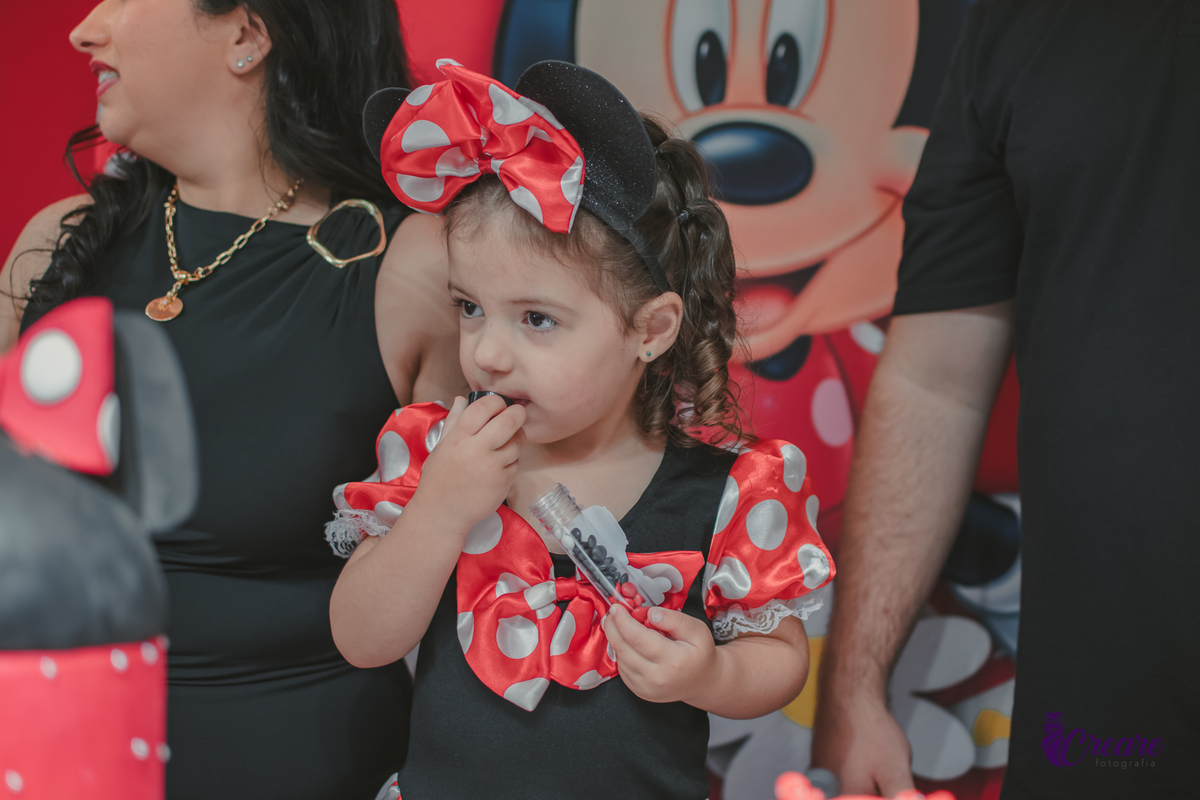 fotografia de aniversário de 3 anos com tema minnie, fotógrafo de festa infantil em São Bernardo do Campo.