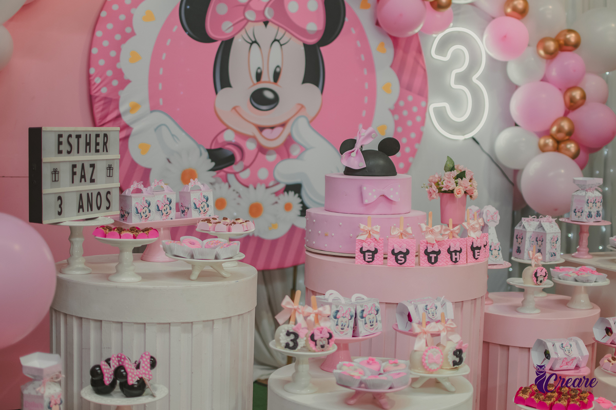Fotografia de festa infantil de menina de 3 anos, com decoração tema Minnie. Fotógrafo em Mauá, fotógrafo Santo André, fotógrafo no ABC Paulista. Aniversário infantil no buffet Mó Legal.
