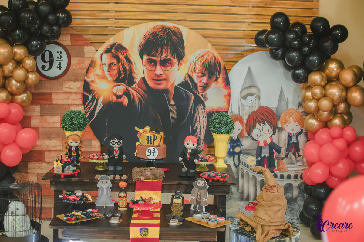 Fotografia de aniversário infantil, festa de 8 anos com tema Harry Potter. Festa infantil no Buffet Espaço Villas Kidas em São Bernardo do Campo. Fotógrafo.
