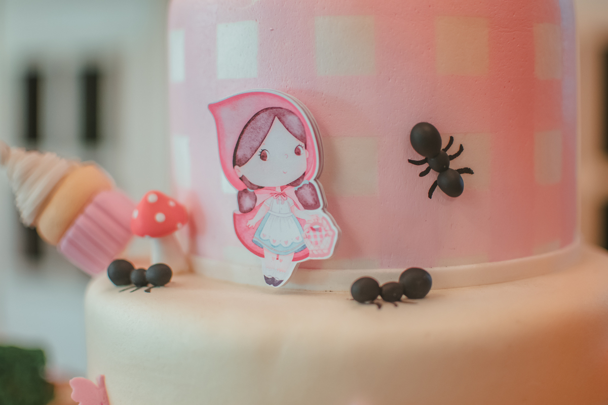 detalhes da decoração de um bolo de aniversário com tema chápeuzinho vermelho.