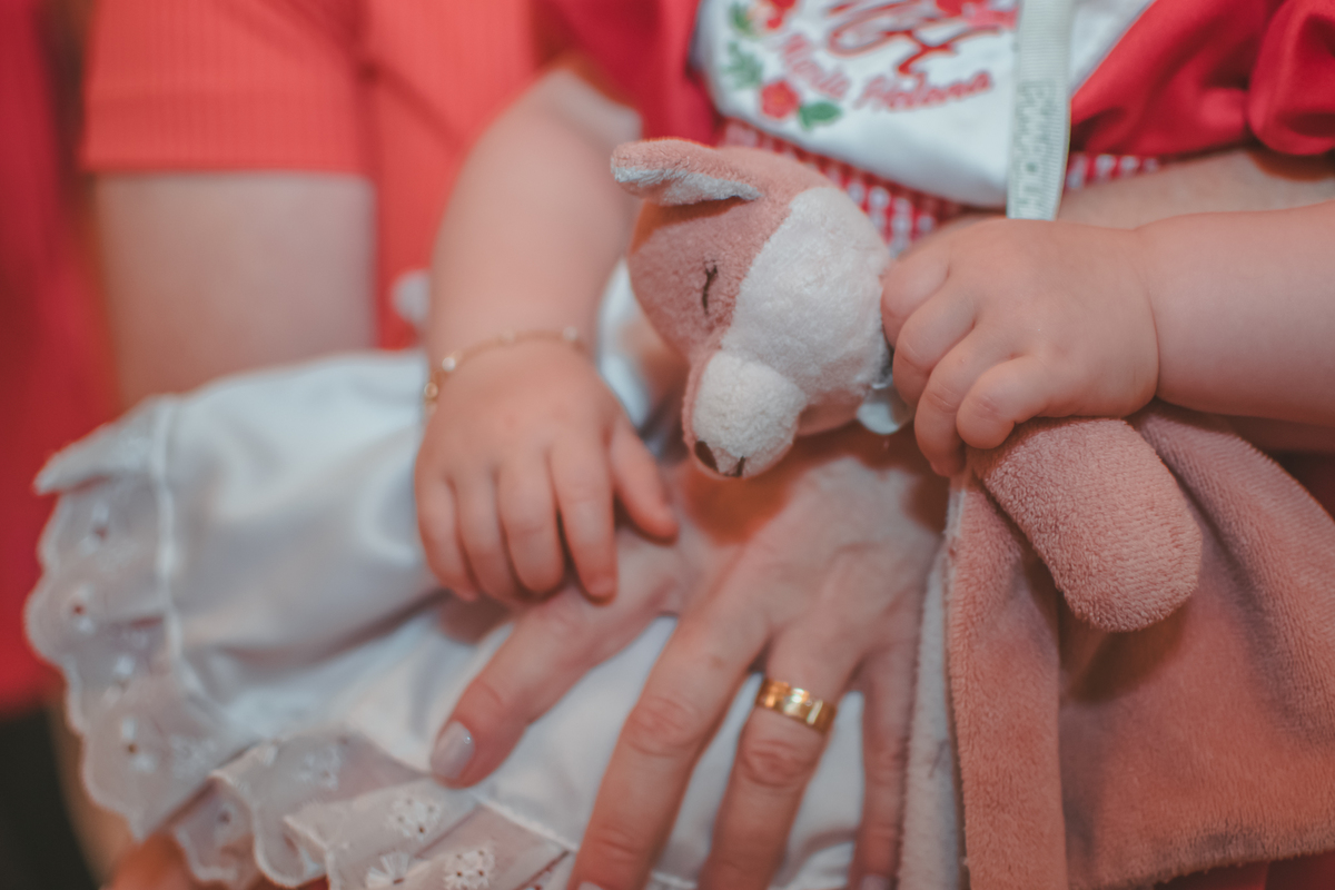 detalhesda mão de uma bebê segurando um ursinho de pelúcia em seu aniversário de 1 ano.