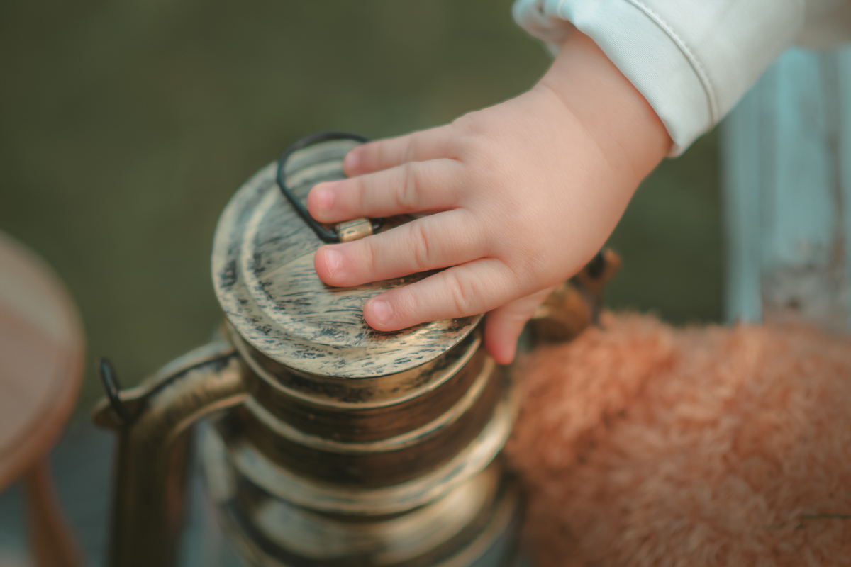 detalhes da mão de um bebê de 1 ano segurando uma arandela, durante o ensaio fotográfico no parque Central de Santo André.