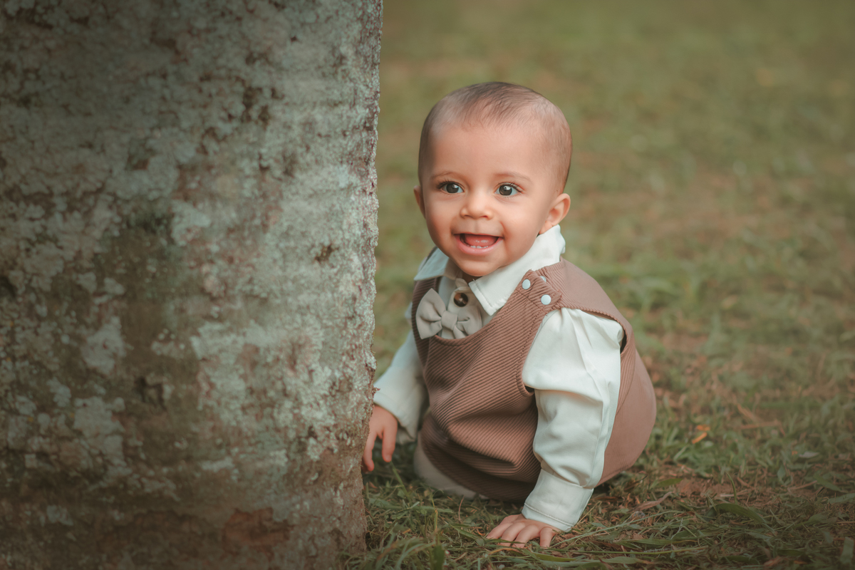 Um bebê sentado na grama, ao lado de uma árvore e brincando com um carrinho de madeira, durante seu fotográfico de 1 ano.