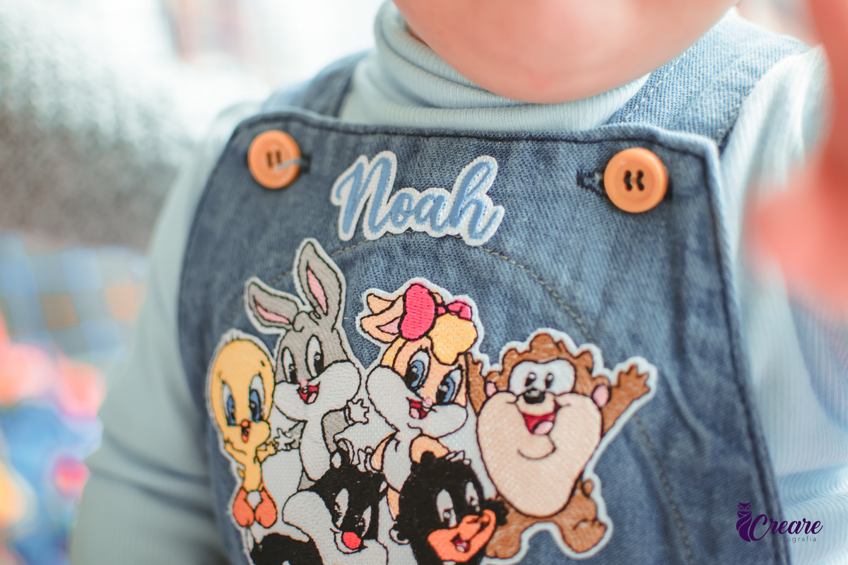 Detalhes da roupa de uma bebê escrito Noah e personalizado com o tema Baby Looney tunes