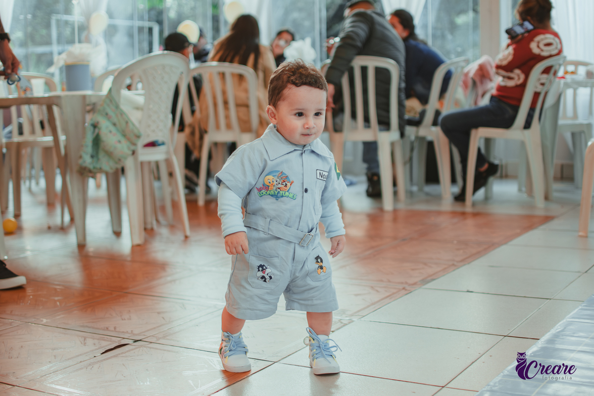 Um bebê, vestido com roupas personalizadas do desenho Baby Looney tunes e brincando em sua festa de aniversário de 1 ano.