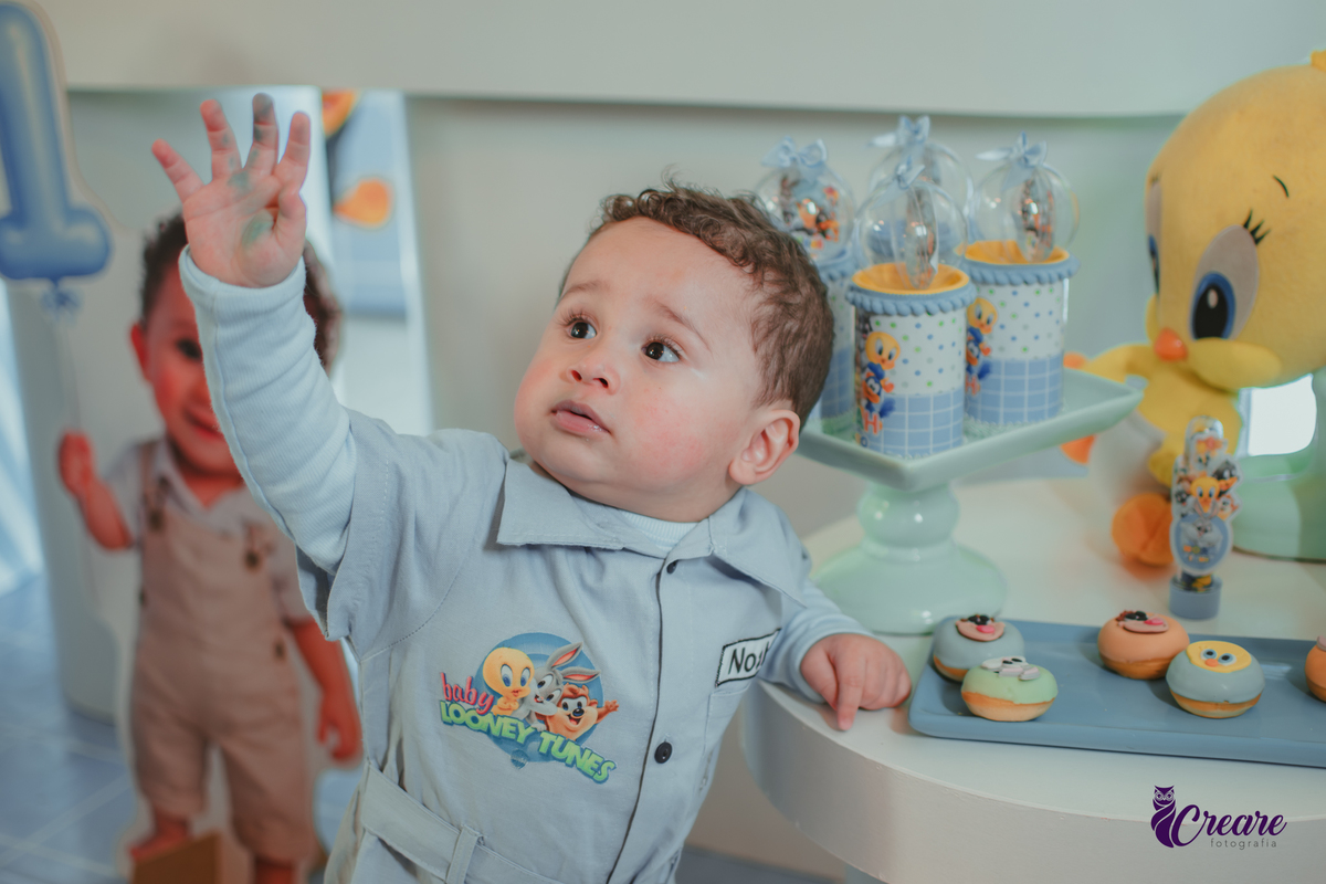 Um bebê, vestido com roupas personalizadas do desenho Baby Looney tunes e brincando em sua festa de aniversário de 1 ano.
