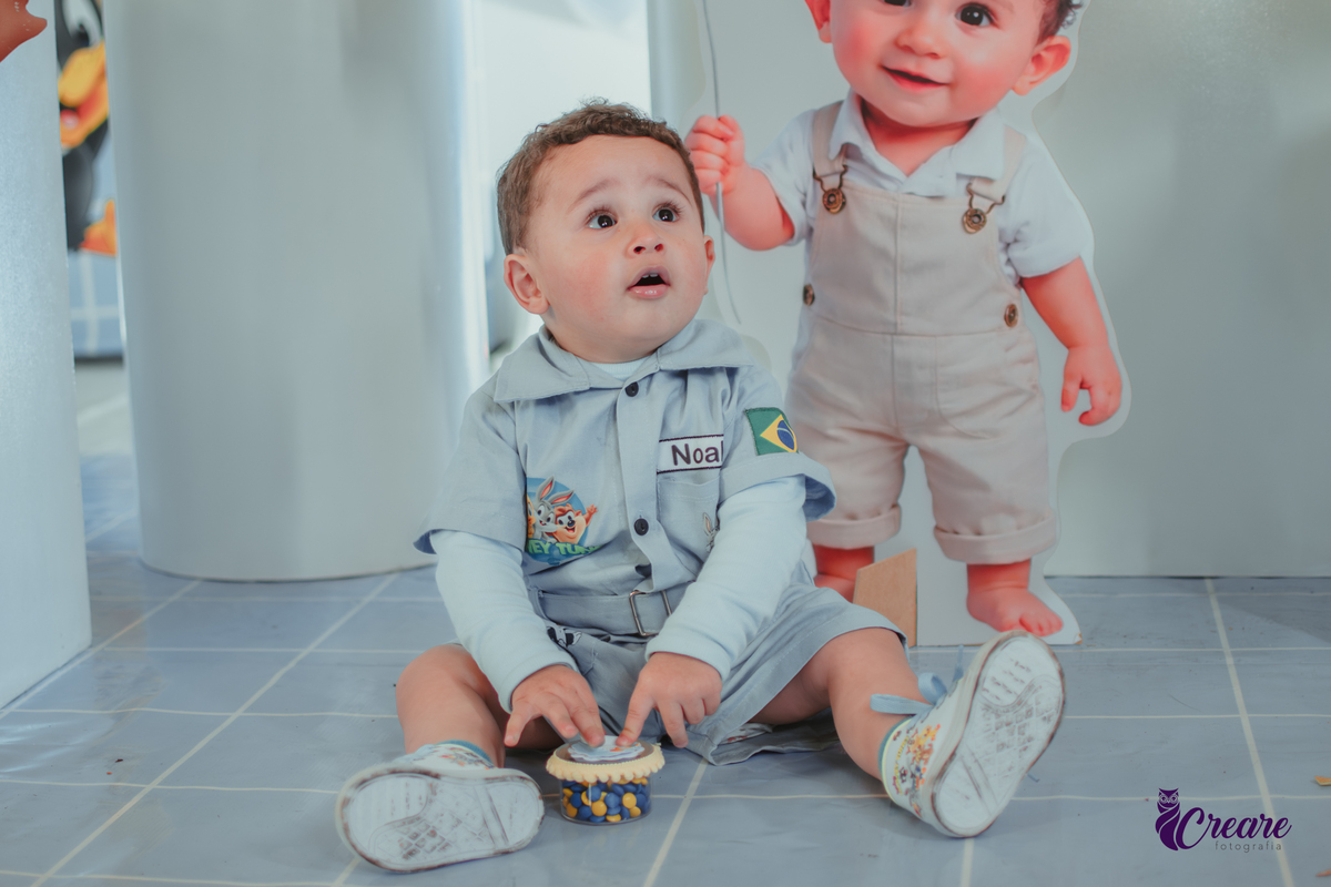 Um bebê, vestido com roupas personalizadas do desenho Baby Looney tunes e brincando em sua festa de aniversário de 1 ano.
