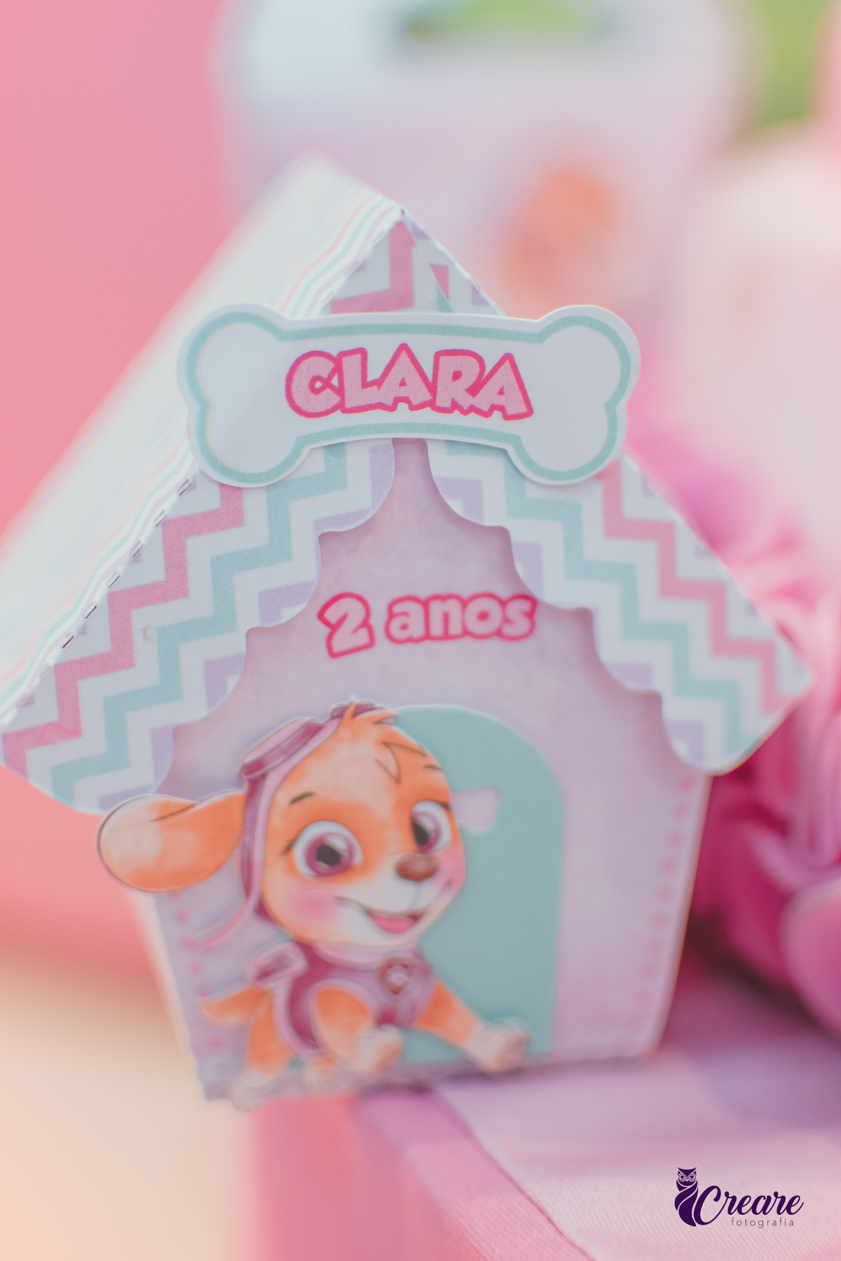 Caixinha personalizada com o tema de aniversário de 2 anos patrulha Canina, no Buffet Happy House em Santo André.
