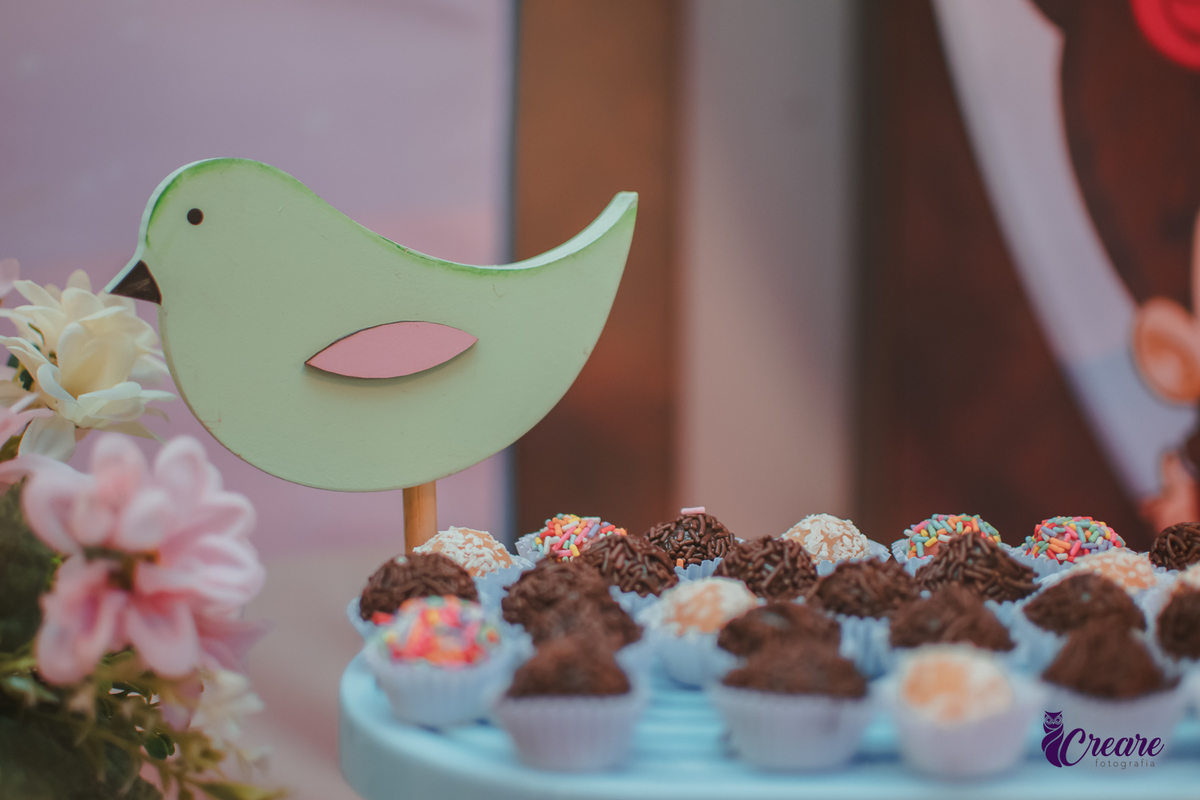Docinhos de aniversário infantil com decoração de uma passarinho de madeira ao lado.