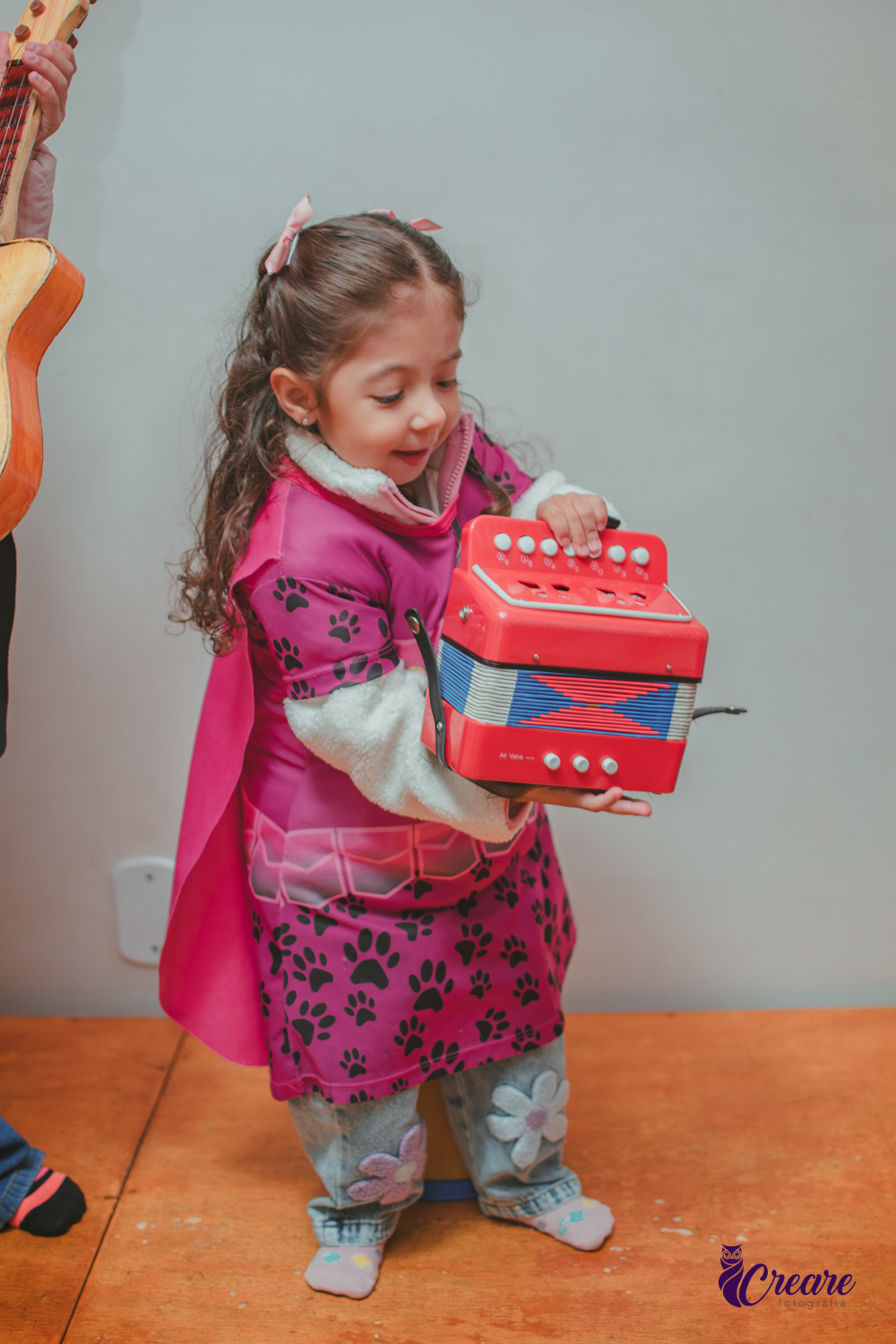 Uam criança segurando uma sanfona de brinquedos, durante festa infantil.
