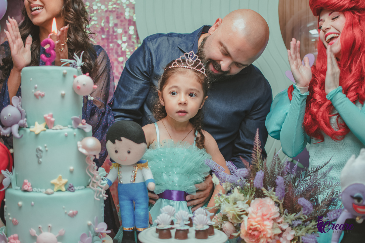 uma família e a personagem Ariel, cantando parabéns para uma criança, durante sua festa de aniversário.