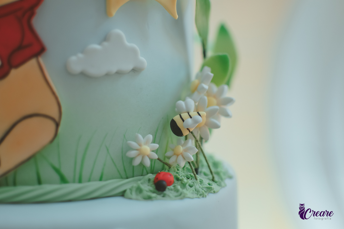 Detalhes do bolo decorativo, de festa de 1 ano feita em casa.
