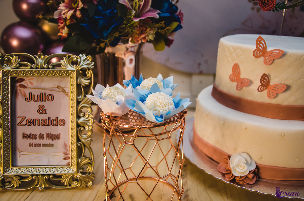 Bodas de níquel, comemoração de 54 anos de casamento de um casal de idosos. fotografia feita com a família. 