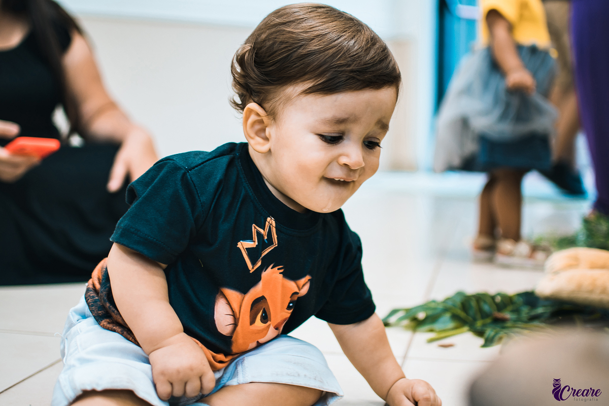fotografia de aniversário infantil, primeiro ano do bebê com decoração tema Rei Leão. Realizado em Mauá, no abc Paulista, São Paulo. 