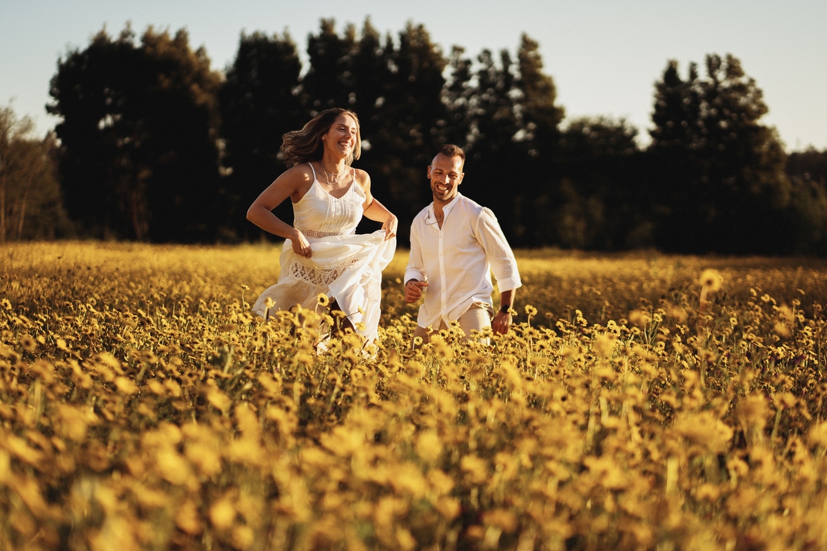 Joana e Tiago, noivos agarrados ao pôr-do-sol num campo de flores amarelas, noivos nos malmequeres, noivos nos girassóis 