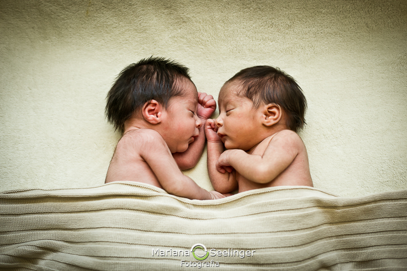 newborn de gêmeos em fundo bege por mariana seelinger fotografia fotógrafa de newborn ensaio em niteroi rj 
