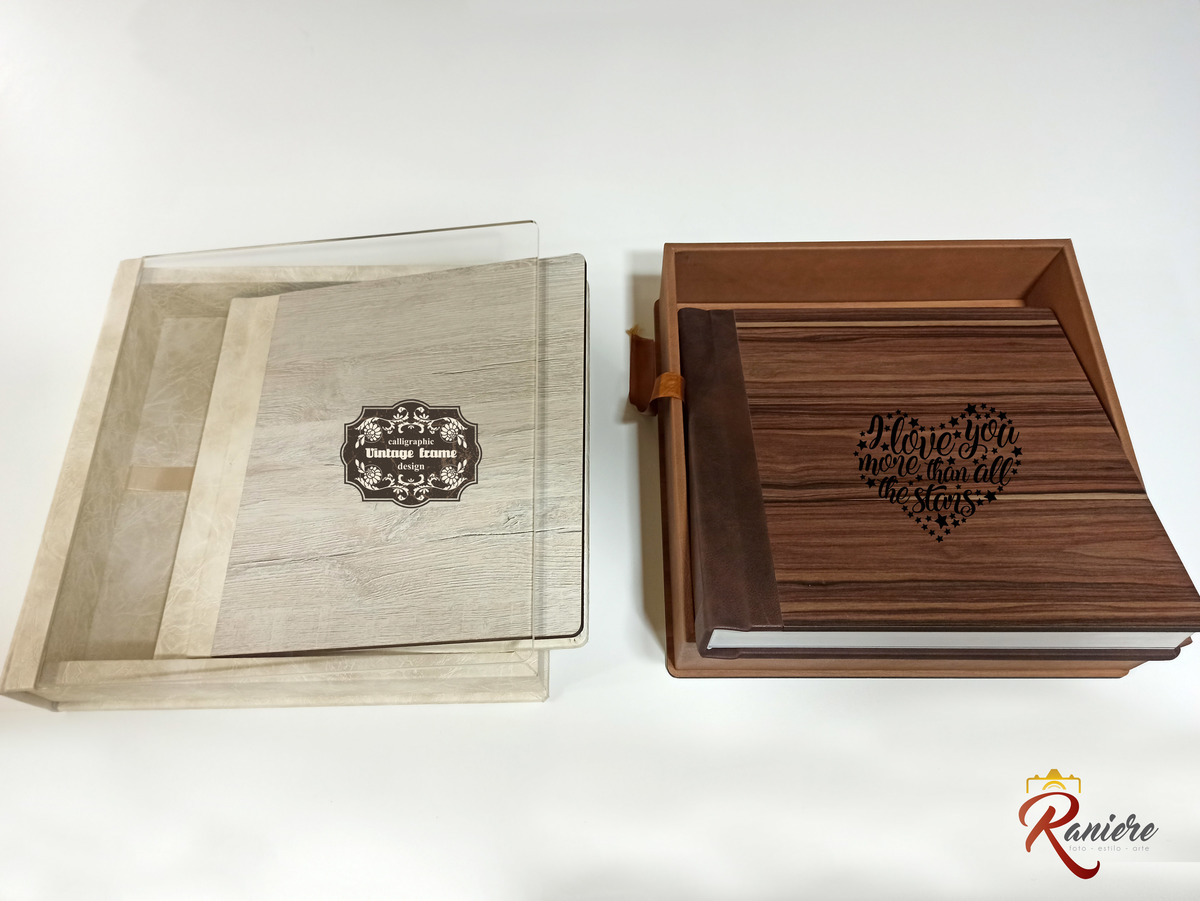 Álbuns de Madeira e acabamento com caixa tampa de acrílico